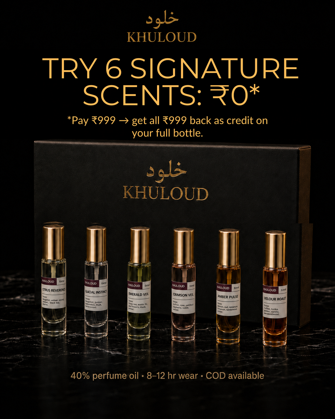 The Khuloud Discovery Pack - six 5mL vials with gift box. Try 6 signature scents, fully redeemable.