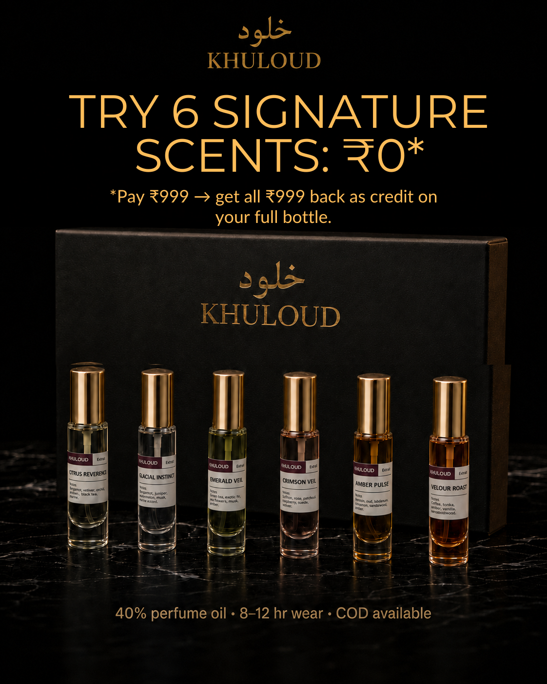 The Khuloud Discovery Pack - six 5mL vials with gift box. Try 6 signature scents, fully redeemable.