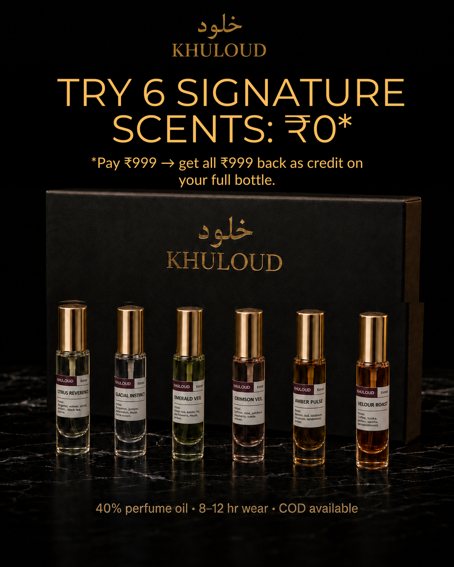 The Khuloud Discovery Pack - six 5mL vials with gift box. Try 6 signature scents, fully redeemable.