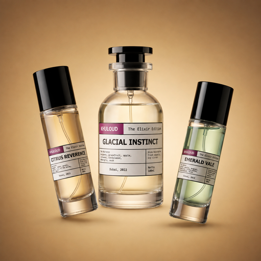 KHULOUD Signature Wardrobe cover with Citrus Reverence, Glacial Instinct, and Emerald Vale bottles